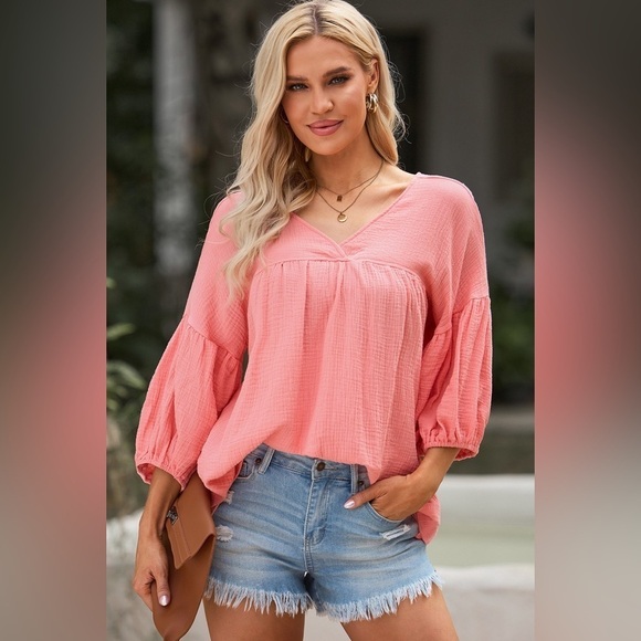 Sunset Coral Quarter Sleeve V Neck Cotton Blouse - Picture 4 of 5
